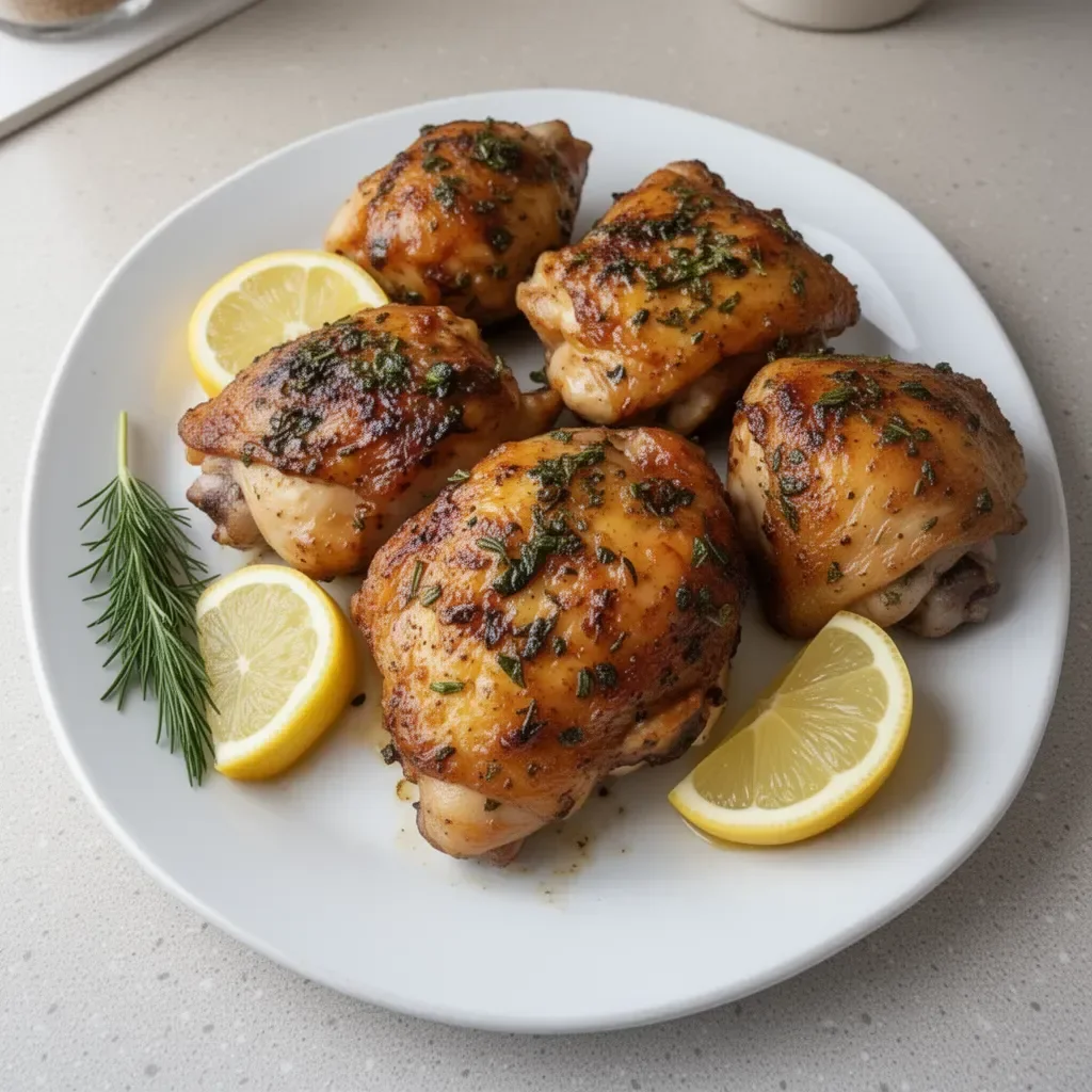 Delicious garlic herb chicken thighs served on a plate with fresh herbs