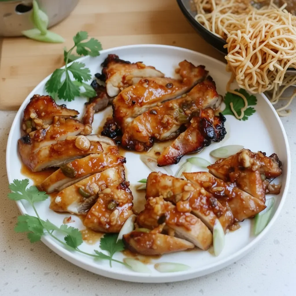 Delicious plate of Garlic Miso Chicken garnished with herbs