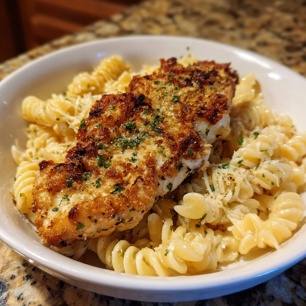Garlic Parmesan Chicken served with pasta in a creamy sauce