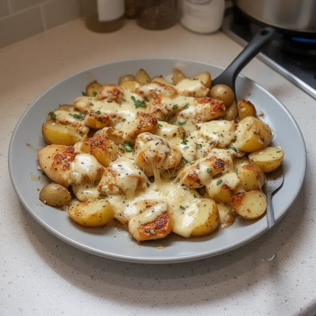 Garlic Parmesan Chicken served with crispy potatoes on a plate.