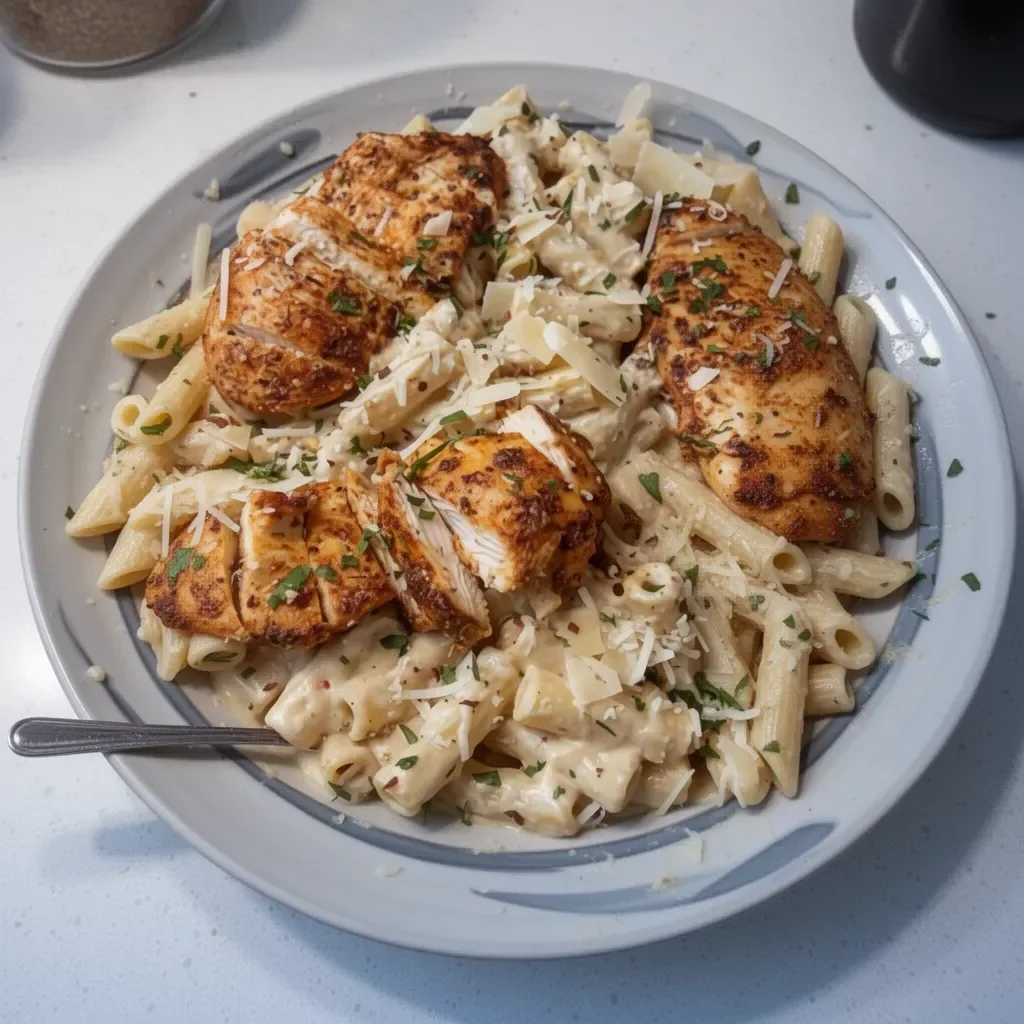 Delicious Garlic Parmesan Chicken Pasta served with a sprinkle of herbs