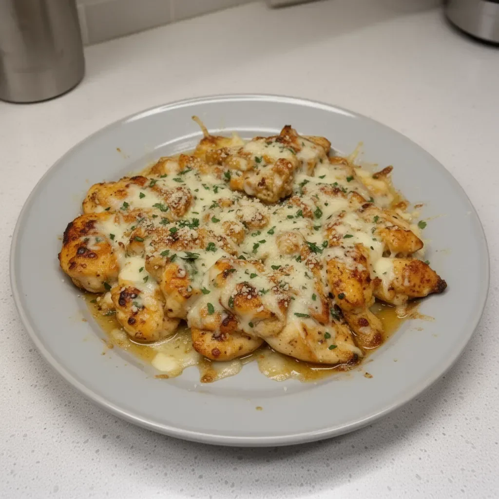 Garlic Parmesan Chicken Skillet with fresh herbs and vegetables in a pan