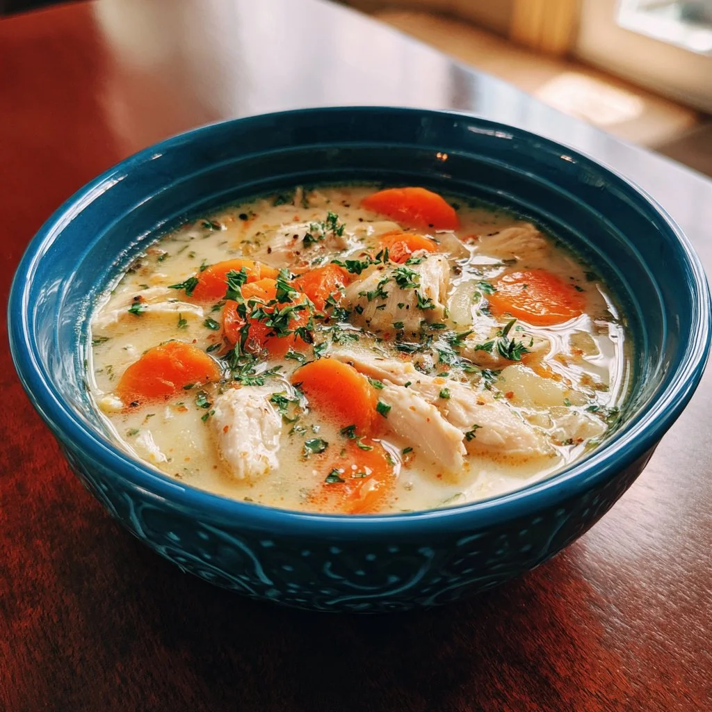 Creamy Garlic Parmesan Chicken Soup garnished with herbs in a bowl.