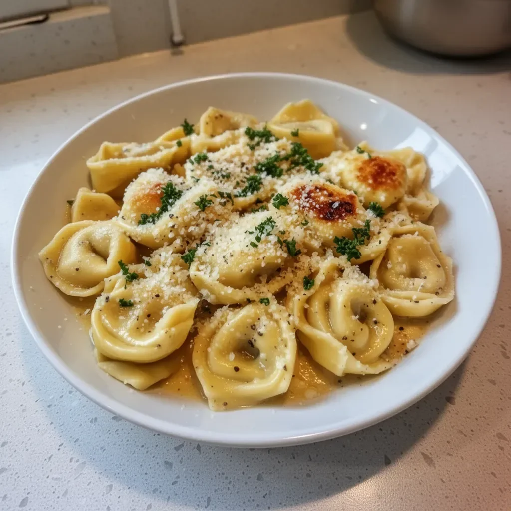 Creamy Garlic Parmesan Chicken Tortellini served in a bowl with herbs on top