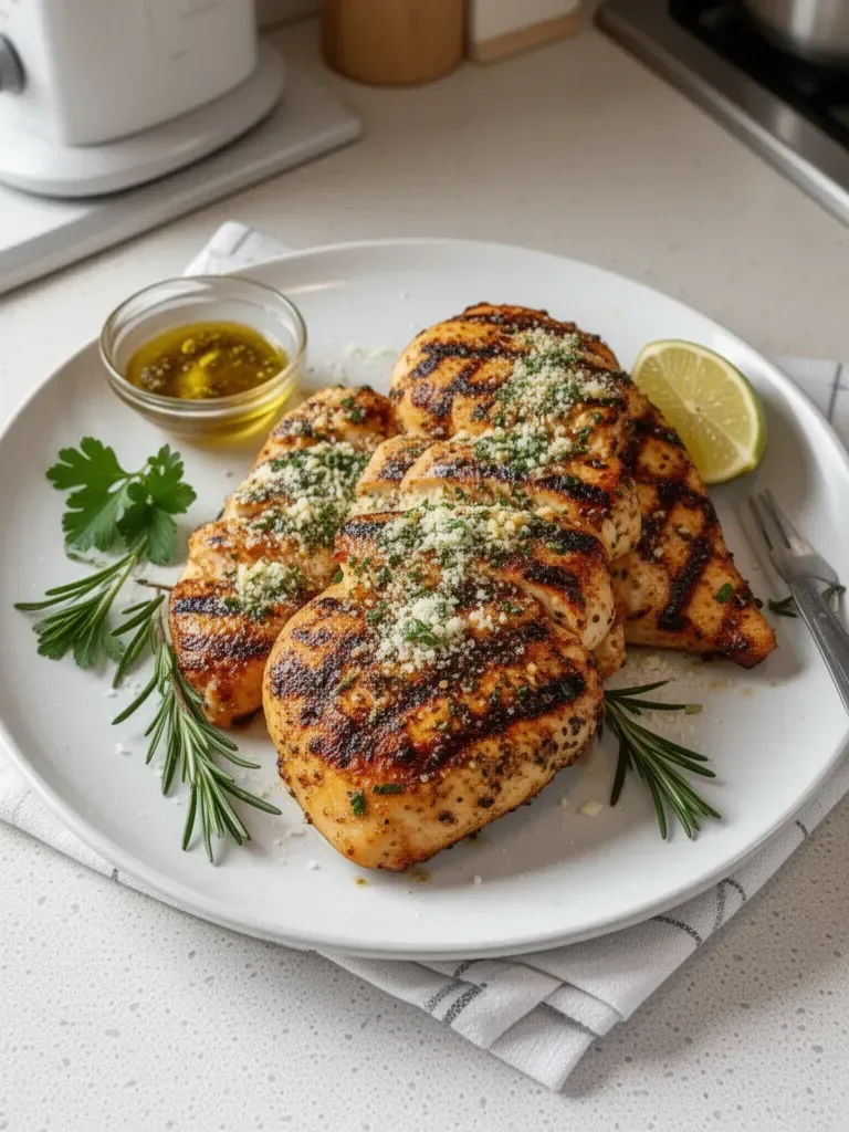 Delicious Garlic Parmesan Grilled Chicken served on a plate with herbs.