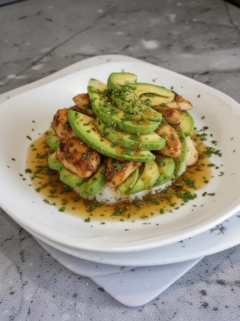 Honey lime chicken served with avocado rice stack on a white plate