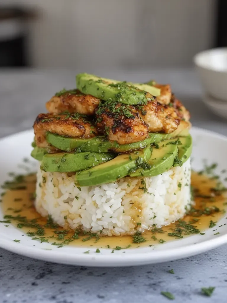 Gluten-Free Tangy Honey Lime Chicken & Avocado Rice Stack
