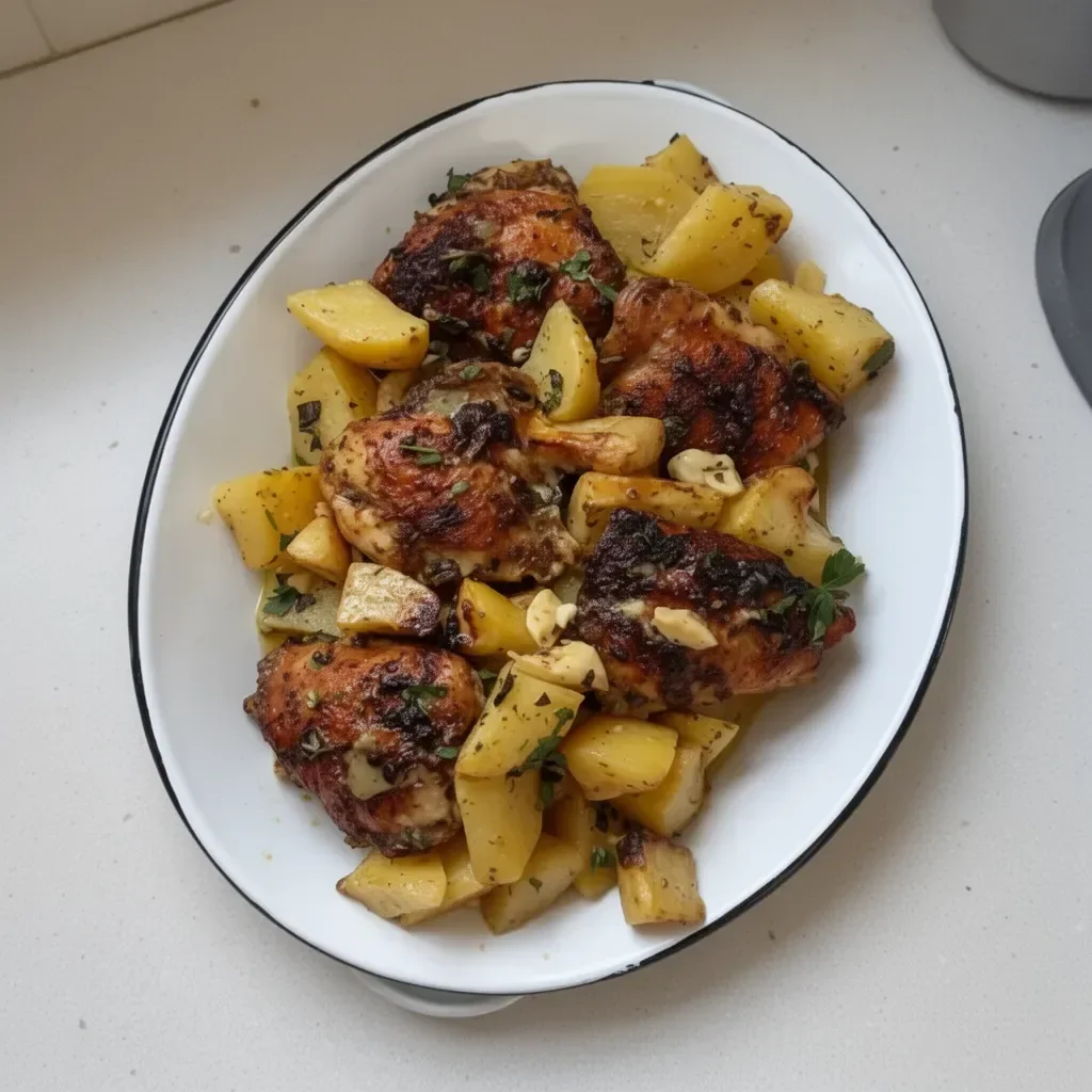 Greek Chicken and Potatoes dish garnished with herbs