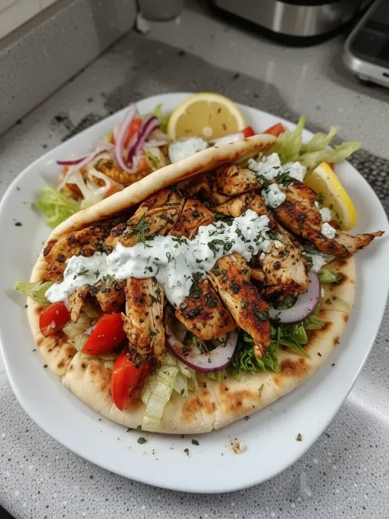 Greek chicken gyros with lemon-herb marinade served on a plate