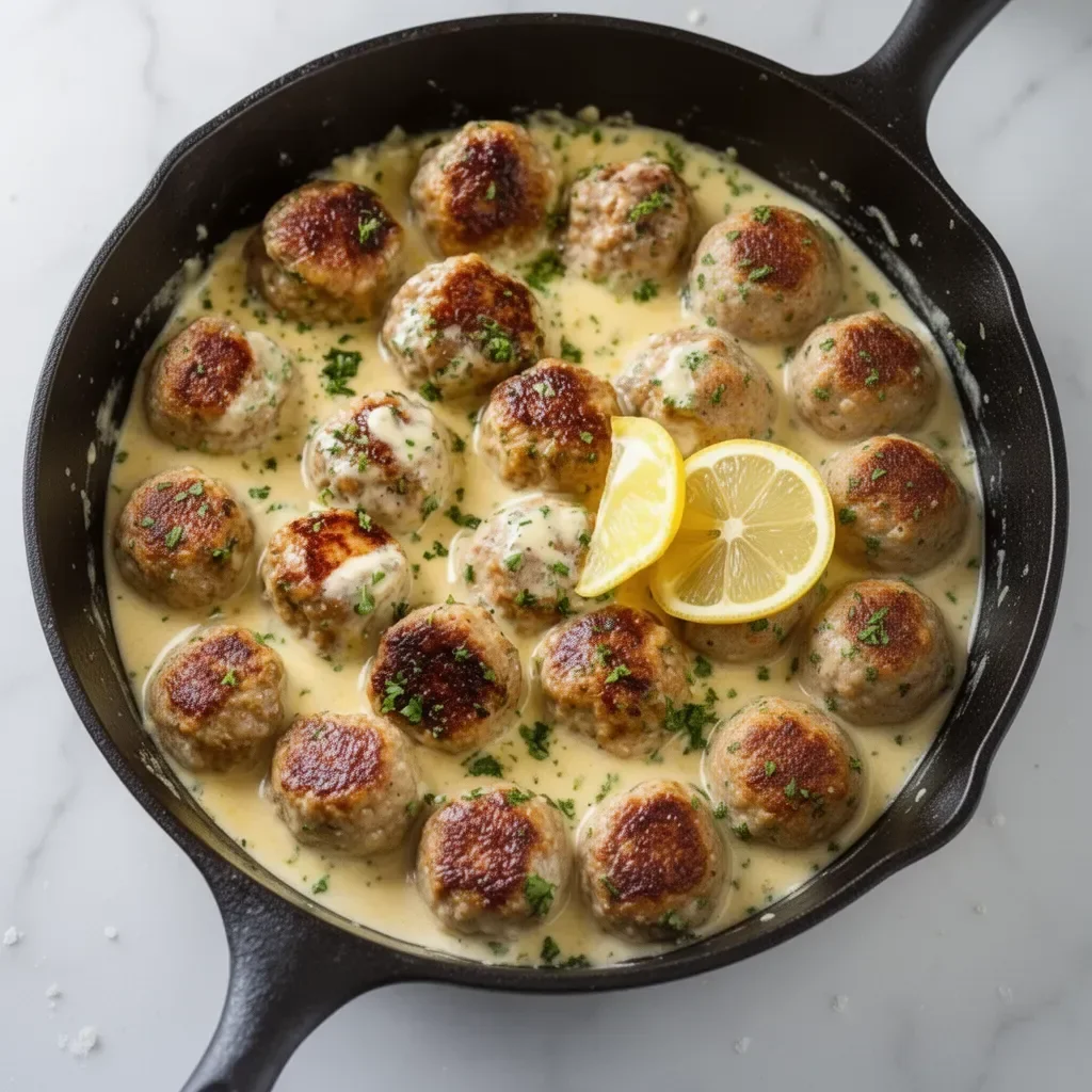Greek chicken meatballs in lemon cream sauce on a plate