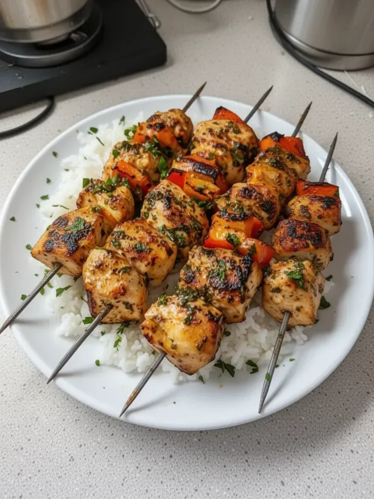 Delicious Greek marinated chicken kabobs ready for grilling.
