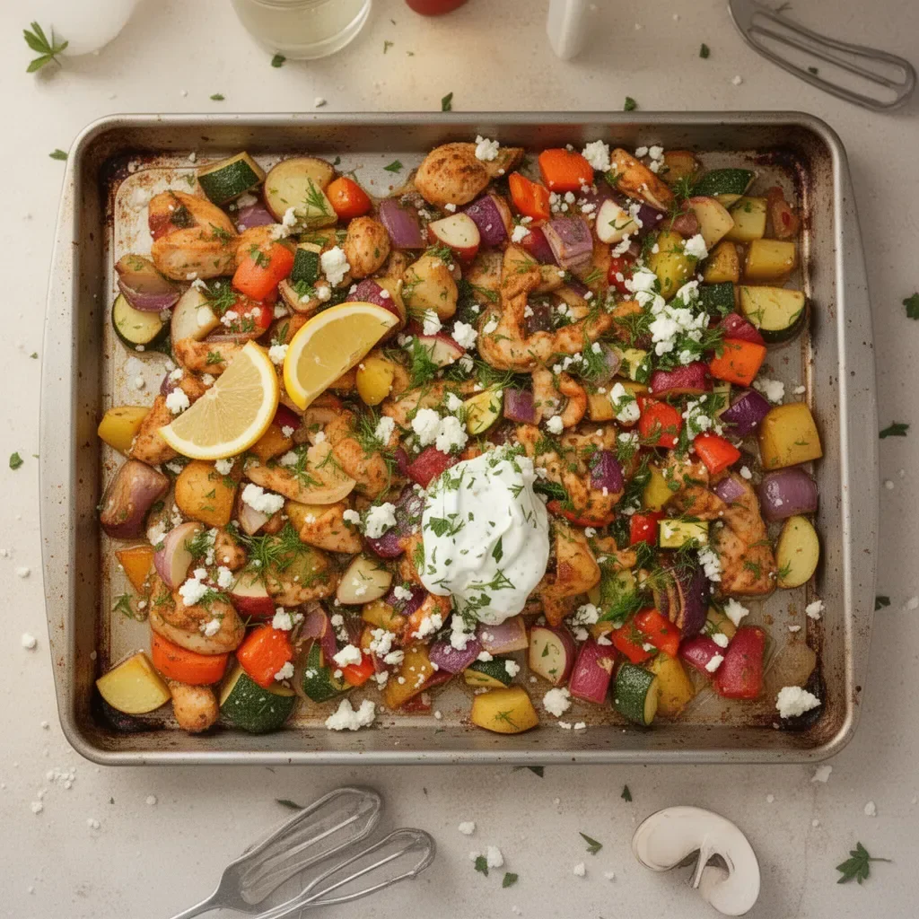 Greek Sheet Pan Chicken with colorful vegetables prepared on a baking sheet