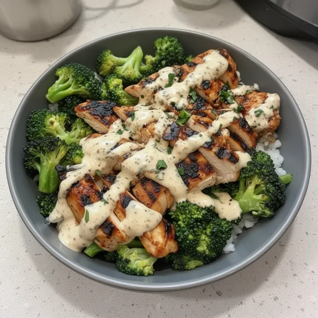 Grilled chicken and broccoli bowls topped with creamy garlic sauce