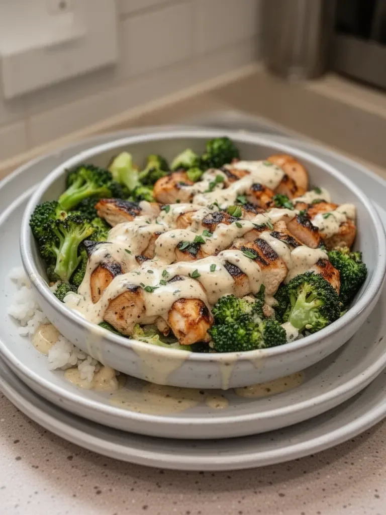 How to Make Grilled Chicken & Broccoli Bowls with Creamy Garlic Sauce