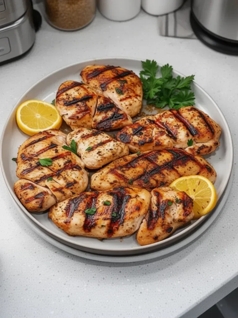 Delicious platter of grilled chicken garnished with fresh herbs and vegetables.