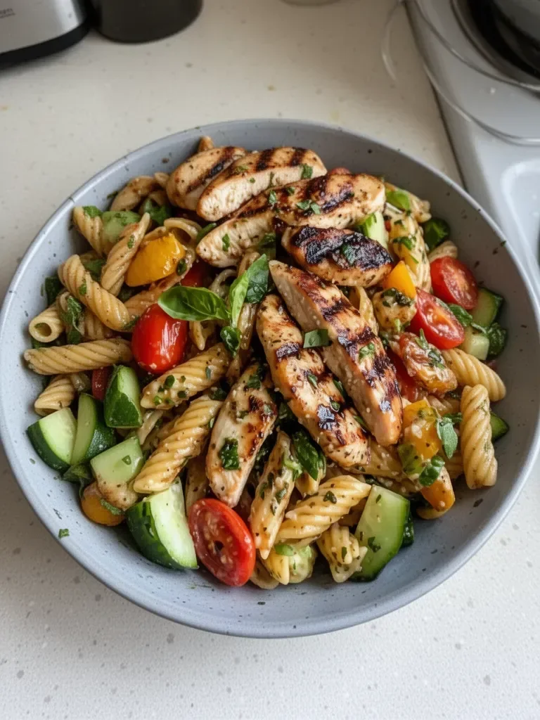 Grilled chicken pasta salad with balsamic vinaigrette in a bowl.