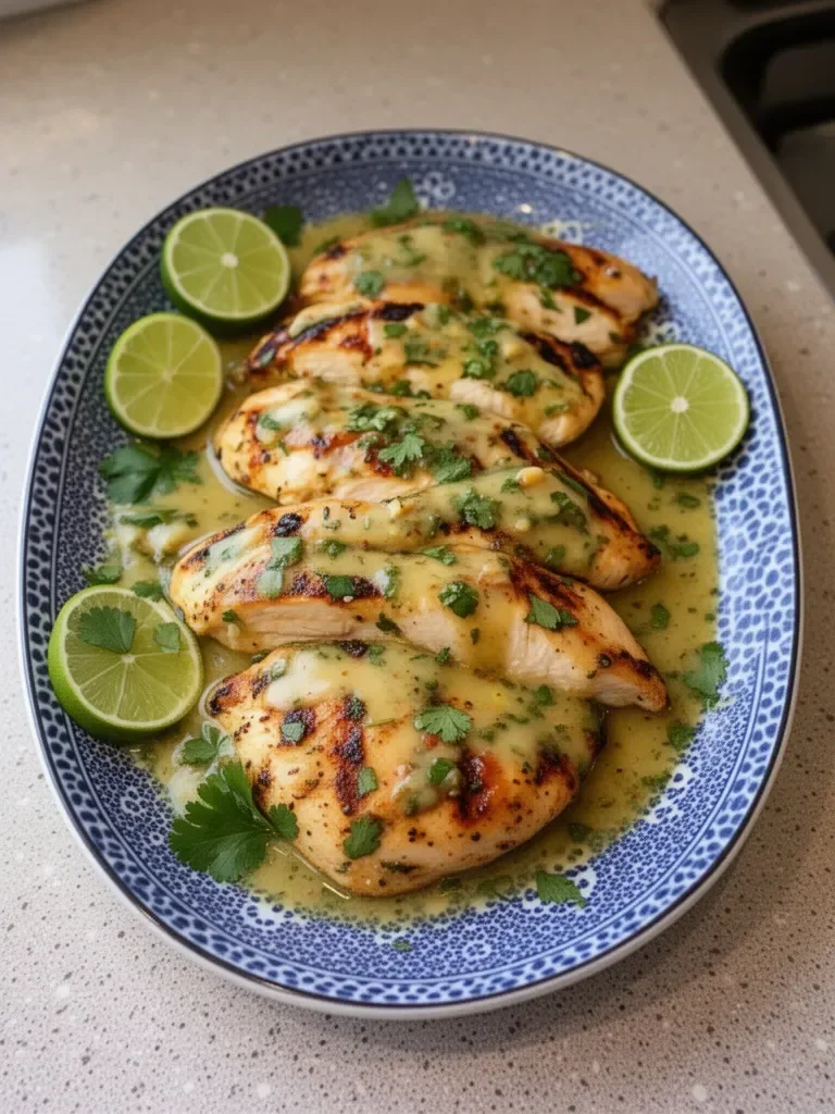 Grilled salsa verde chicken with pepper jack cheese on a plate