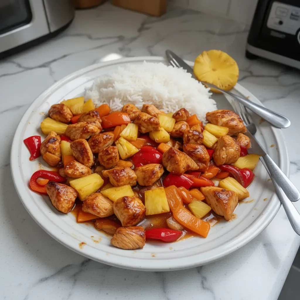 Delicious Hawaiian Chicken Dinner with pineapple and herbs on a plate
