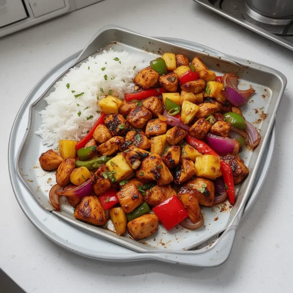 Hawaiian Chicken Sheet Pan with vegetables and pineapple on a baking sheet.