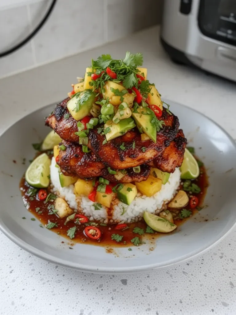Hawaiian Turn Turn Chicken Stack garnished and ready to serve