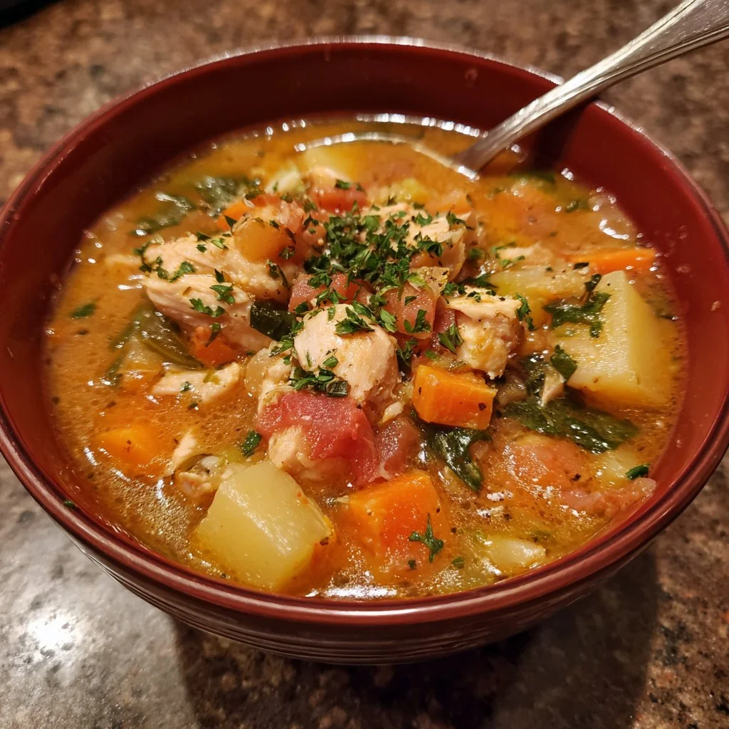 Delicious hearty chicken and vegetable stew in a bowl with herbs