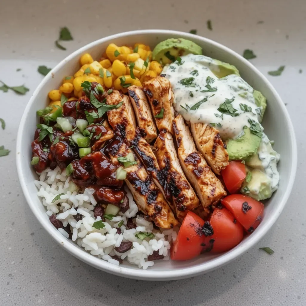 High Protein BBQ Chicken Ranch Bowl with fresh ingredients and savory BBQ chicken