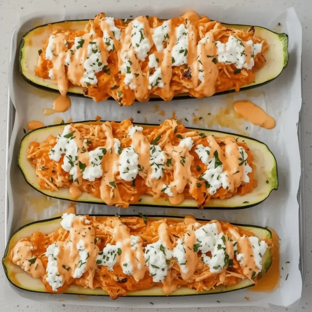 High protein buffalo chicken stuffed zucchini boats ready to eat