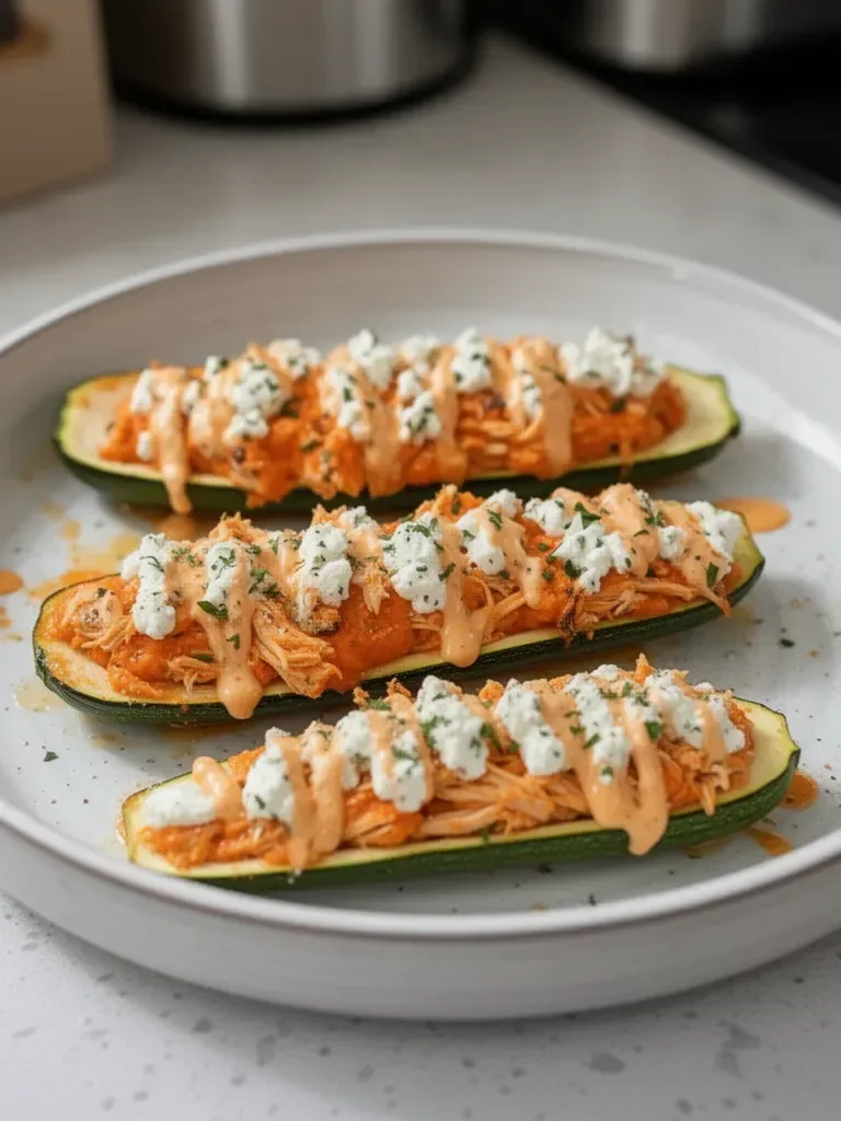 High Protein Buffalo Chicken Stuffed Zucchini Boats