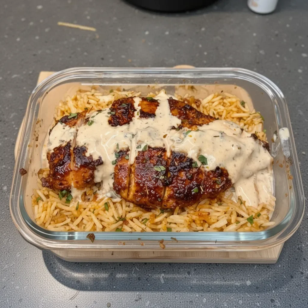 Plate of creamy Cajun chicken and rice garnished with herbs