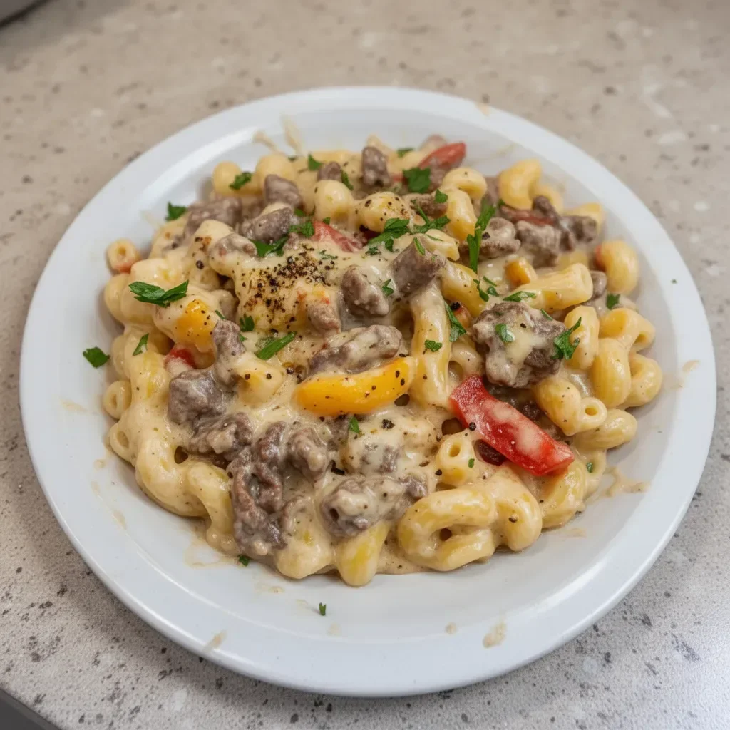 Creamy Philly cheesesteak mac and cheese topped with steak and cheese sauce