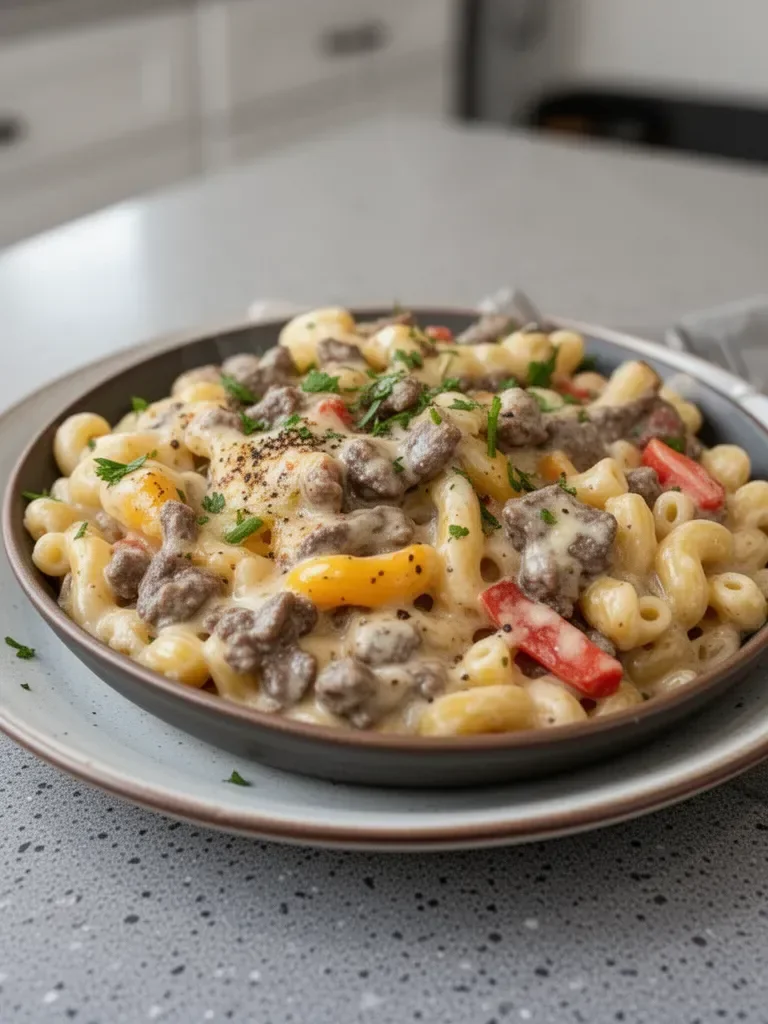 High-Protein Creamy Philly Cheesesteak Mac & Cheese Bliss