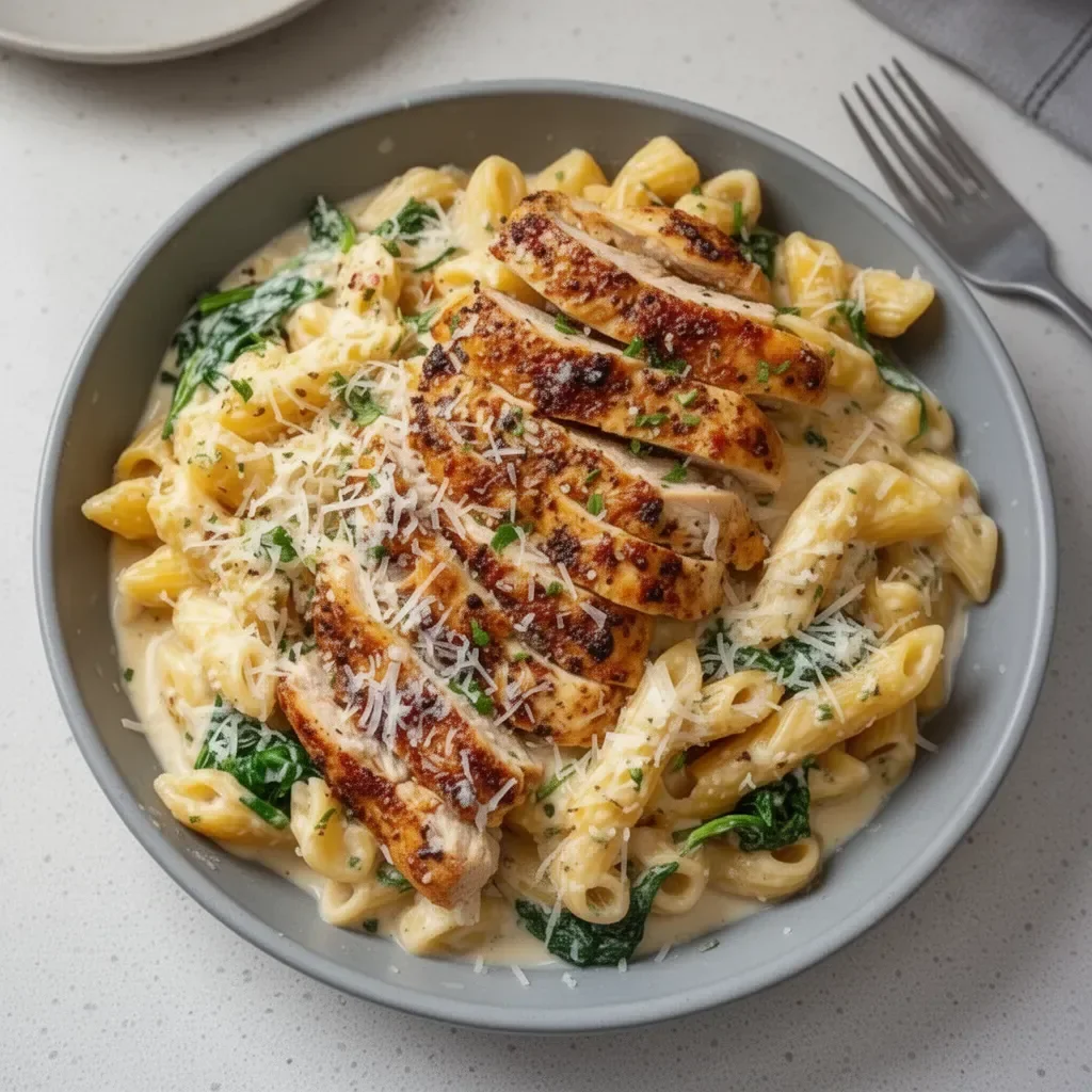 High Protein Garlic Parmesan Pasta with a creamy sauce and delicious toppings.
