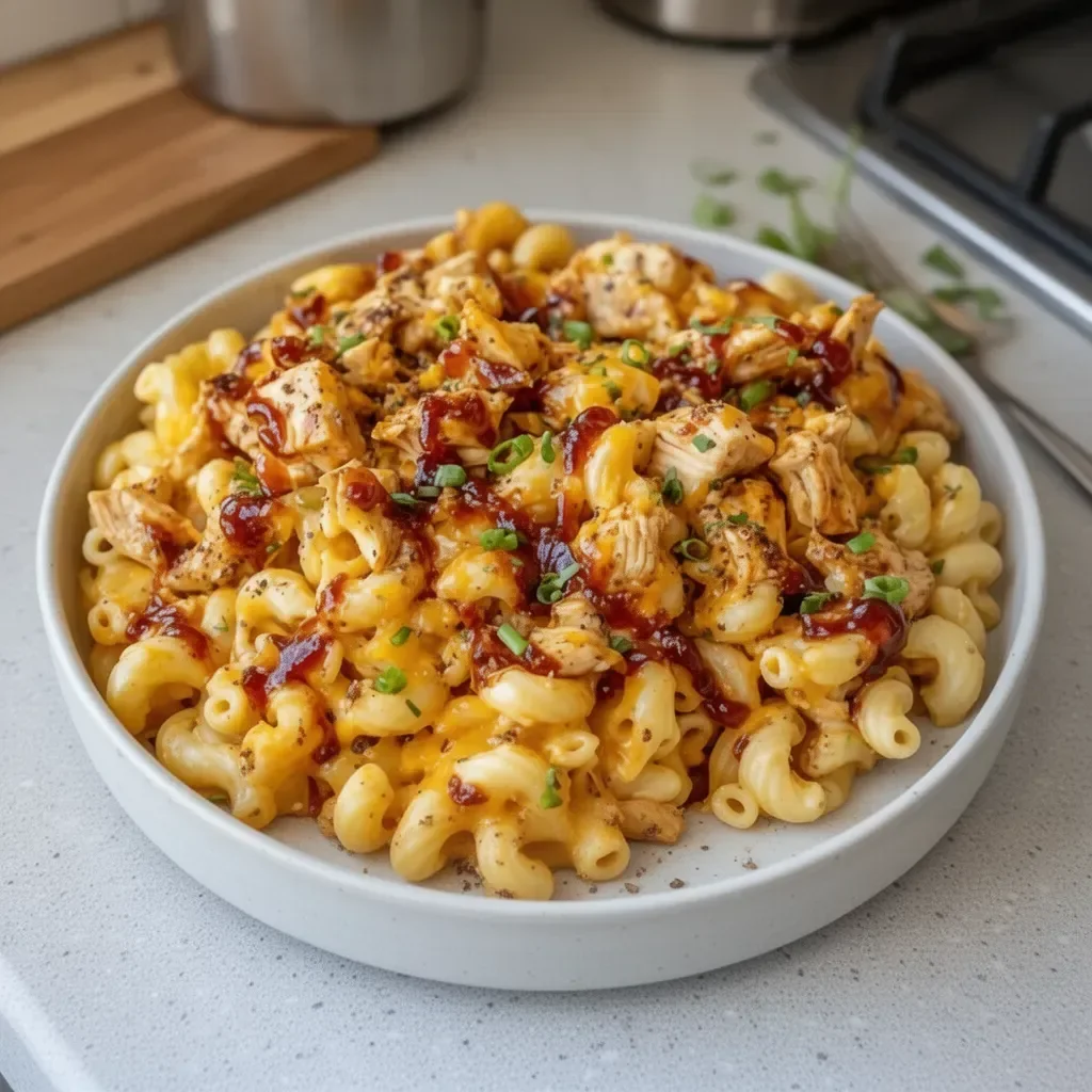 High-Protein Honey BBQ Chicken Mac & Cheese dish served in a bowl