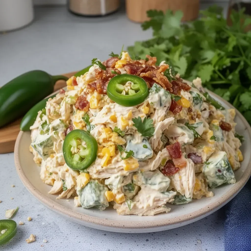 High Protein Jalapeno Popper Chicken Salad with creamy dressing and jalapenos