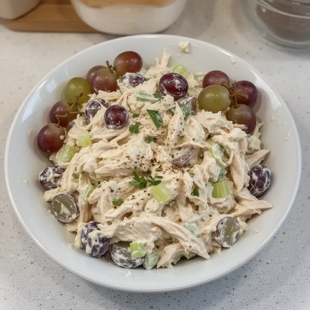 Homemade chicken salad with grapes served in a bowl