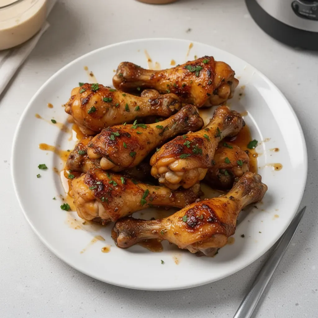 Honey garlic baked chicken drumsticks ready to serve on a plate