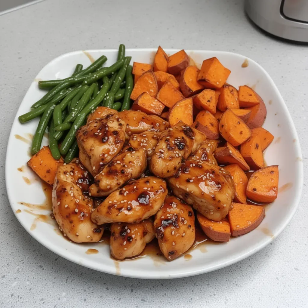 Honey Garlic Chicken served with roasted sweet potatoes on a plate
