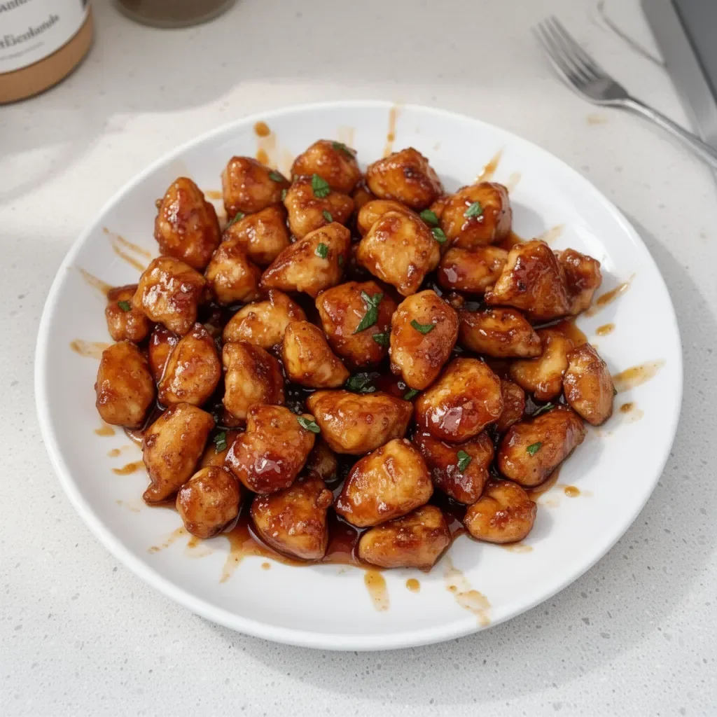 Delicious Honey Garlic Chicken Bites served with a honey glaze and garlic sauce.