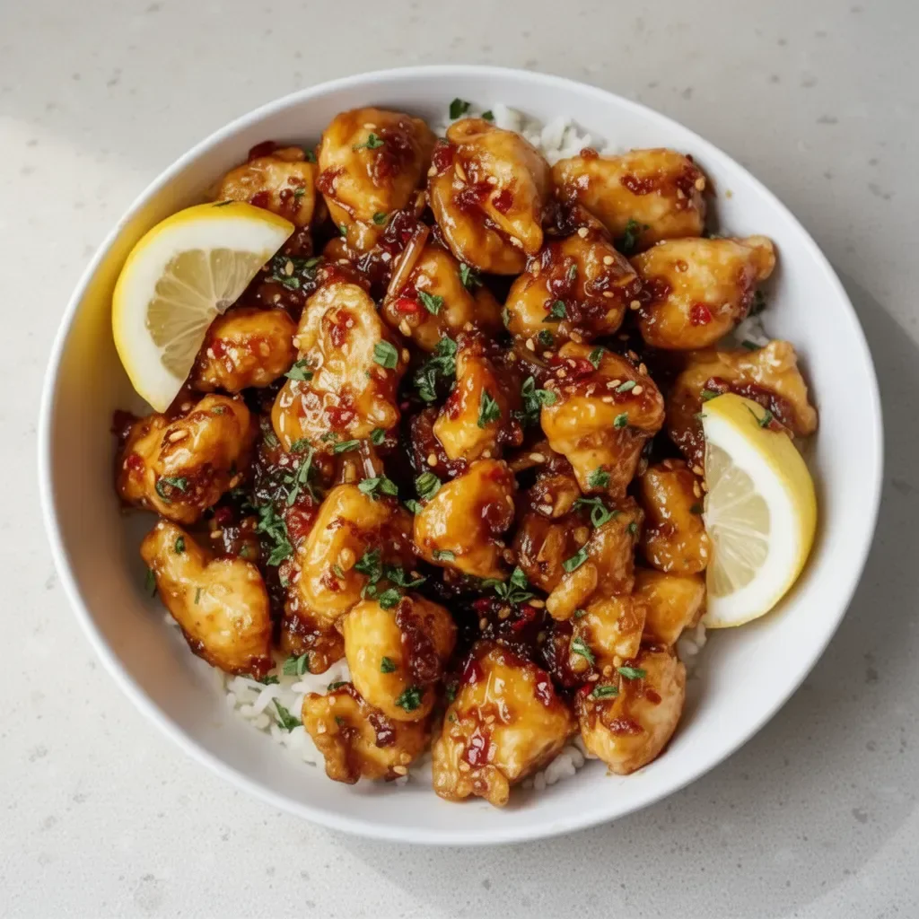 Honey garlic chicken bites plated with garnishes, showcasing a sweet and savory dish.