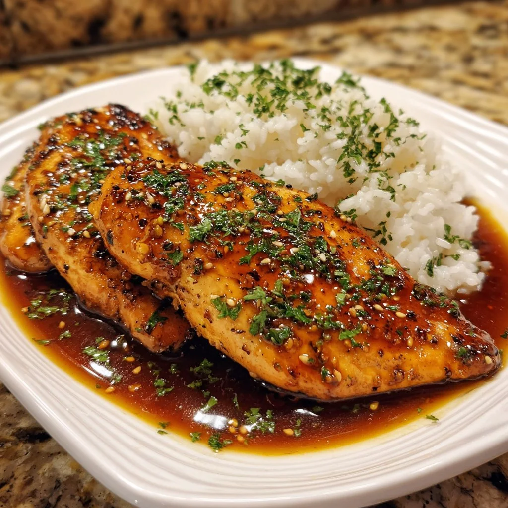 Delicious Honey Garlic Chicken Breasts on a plate with garnish.