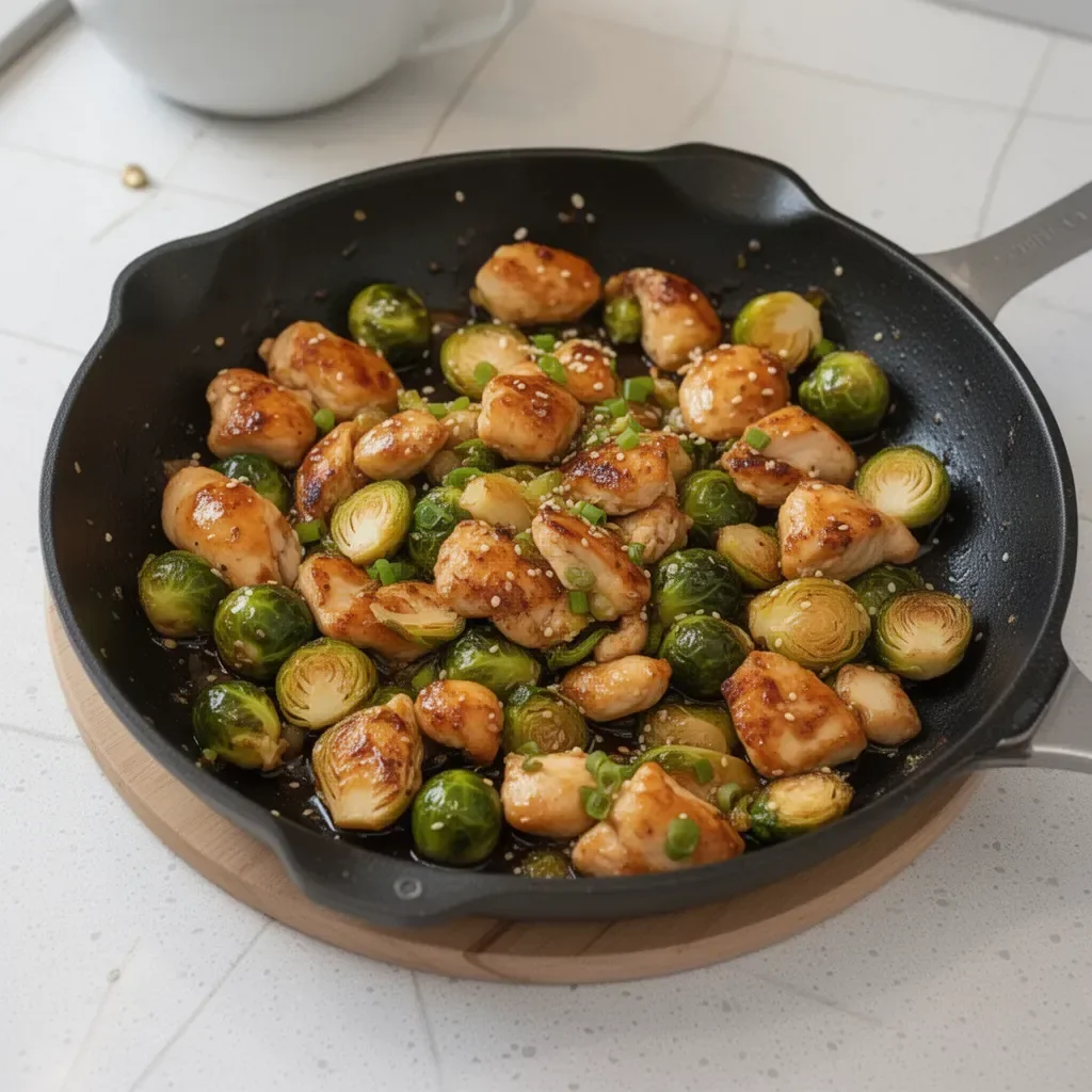Honey-Garlic Chicken and Brussels Sprouts Skillet packed with flavor