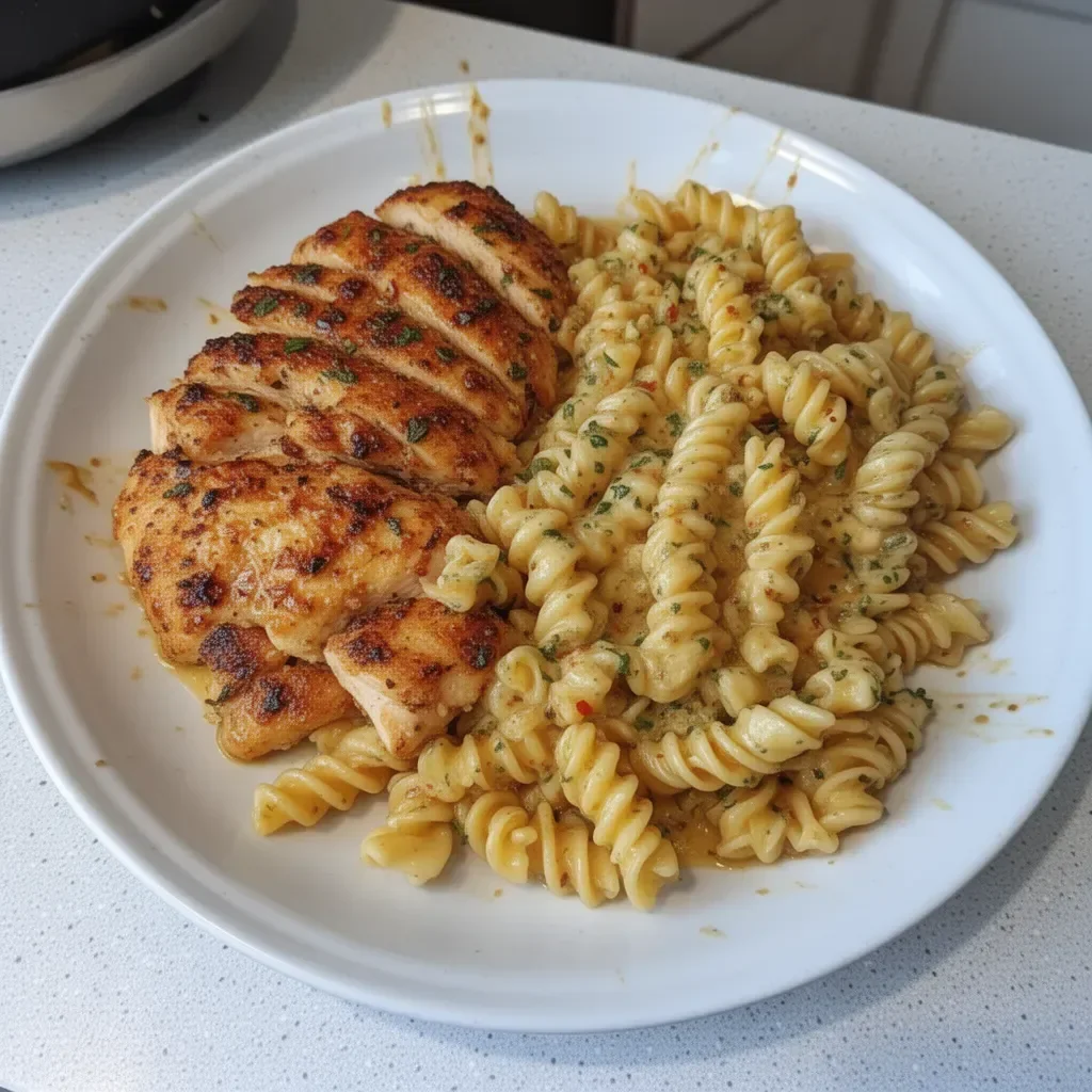 Delicious honey garlic chicken pasta dish garnished with herbs.