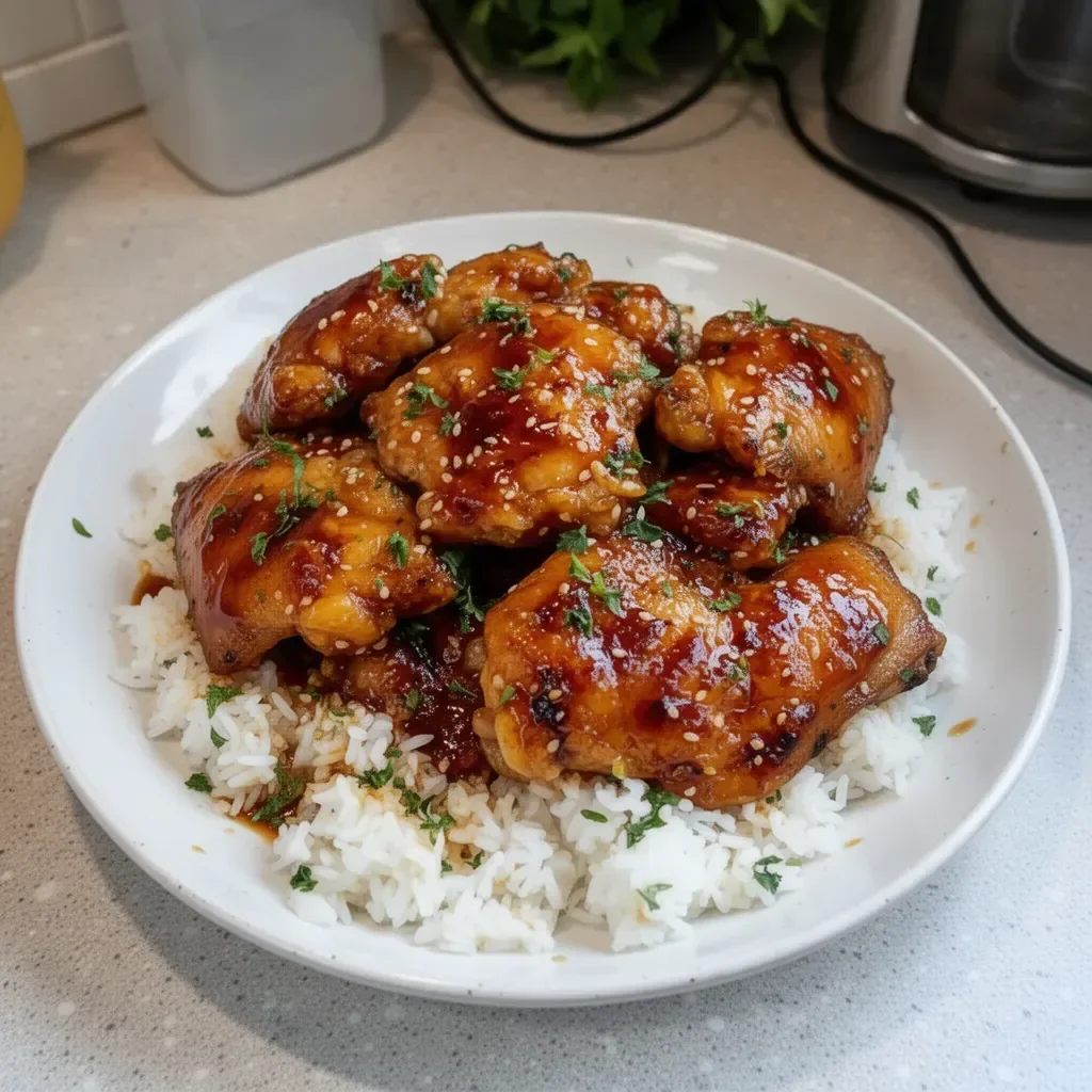 Honey Garlic Chicken Thighs served with vegetables on a plate