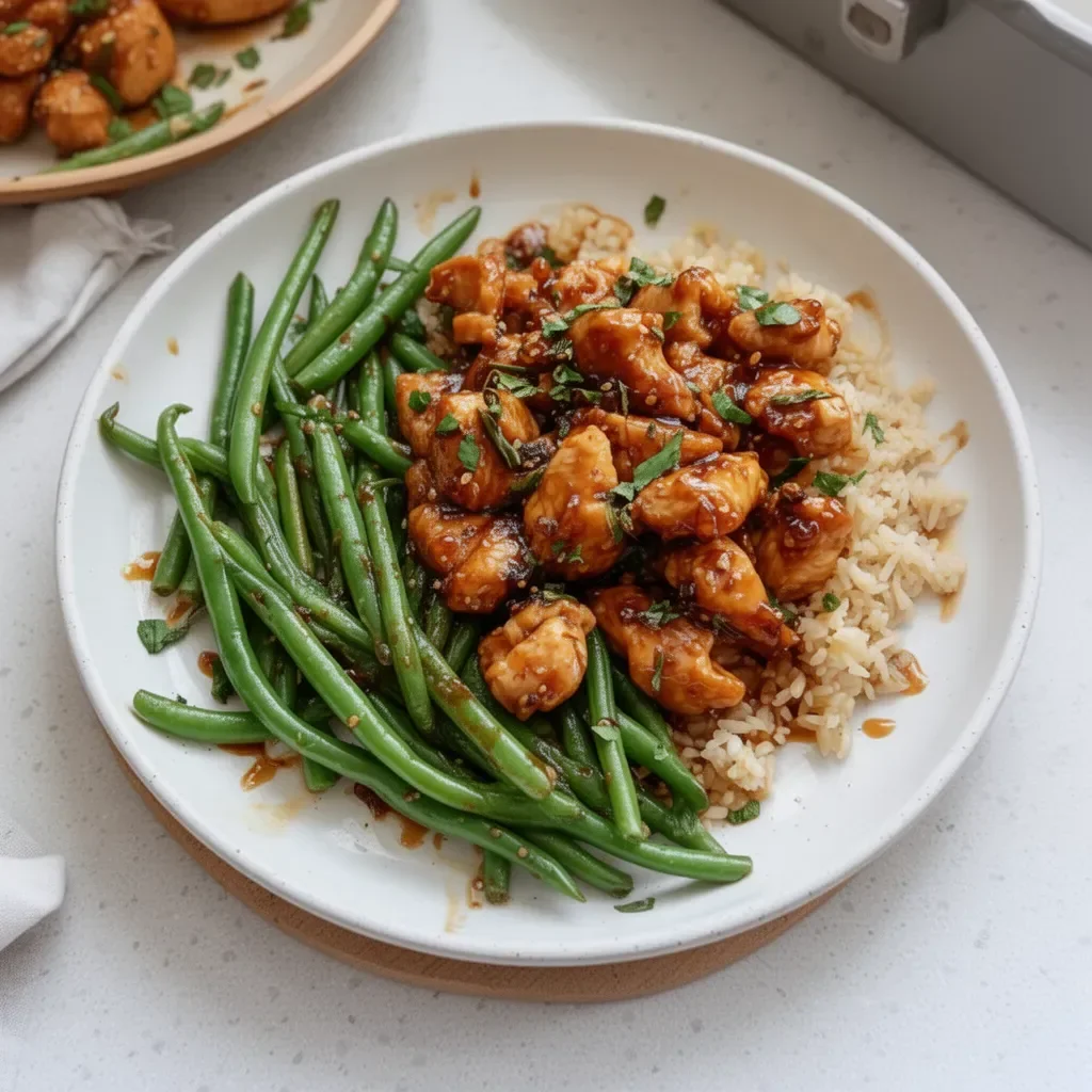 Honey garlic chicken served with fresh green beans