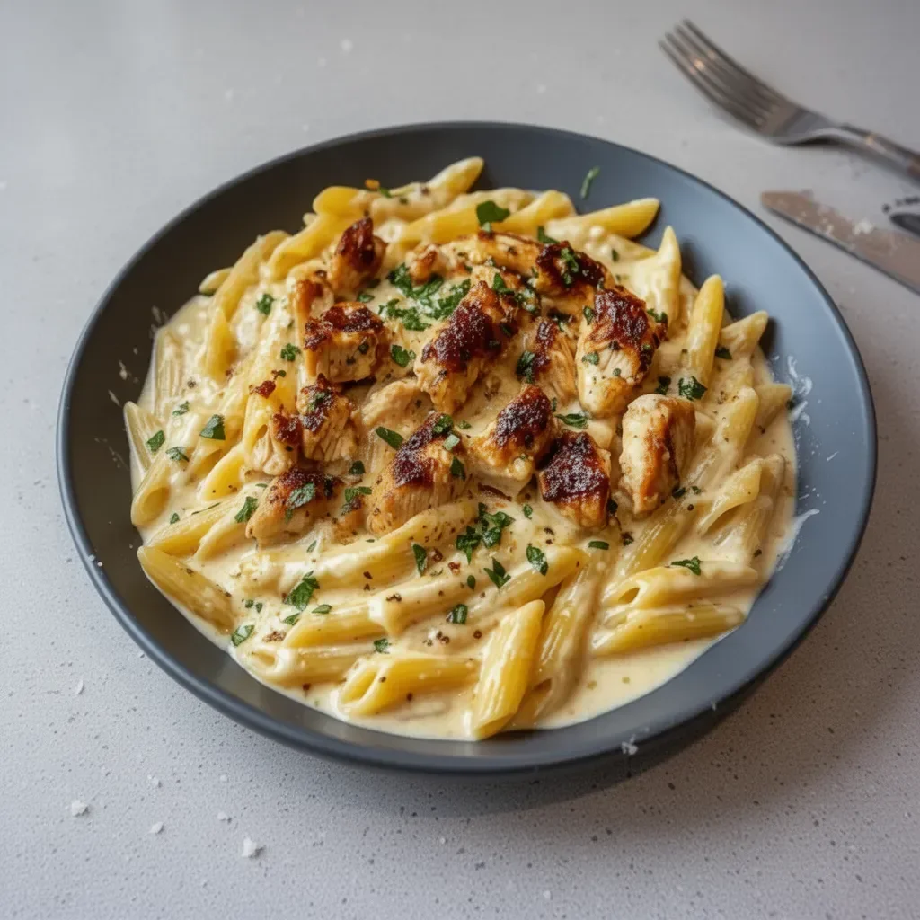 Delicious Garlic Butter Chicken Penne topped with creamy three-cheese sauce.