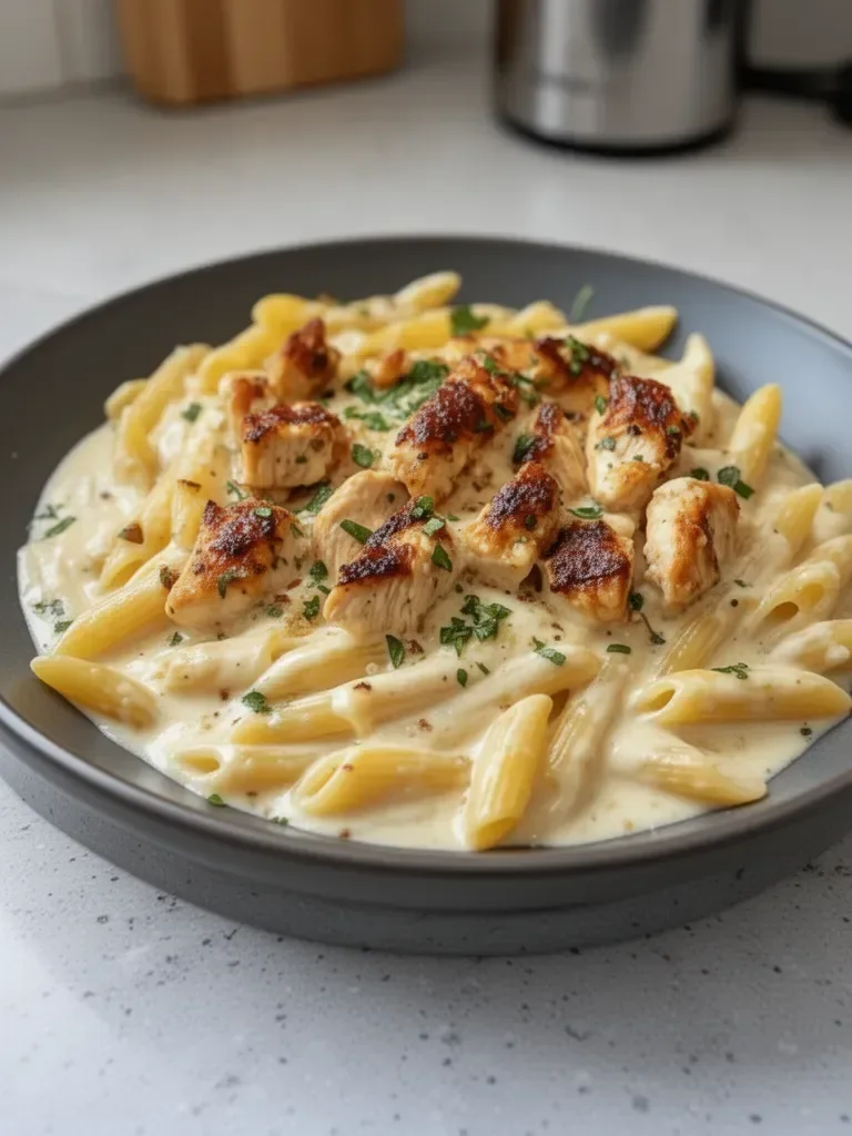 Indulgent Garlic Butter Chicken Penne with Creamy Three-Cheese Sauce
