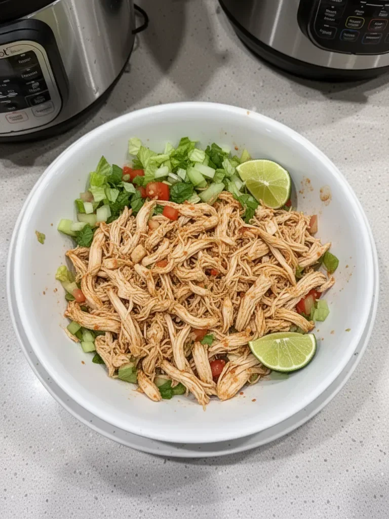 Delicious Instant Pot chicken tacos served on a plate with toppings