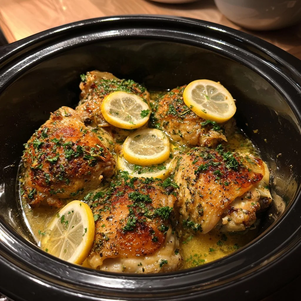 Instant Pot Lemon Chicken plated with herbs and lemon slices
