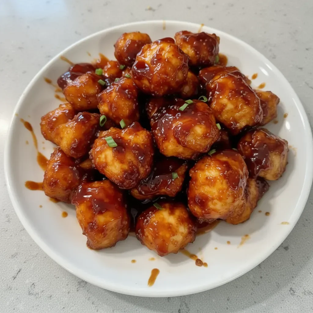 Delicious Air Fryer Honey BBQ Chicken Bites served on a plate.