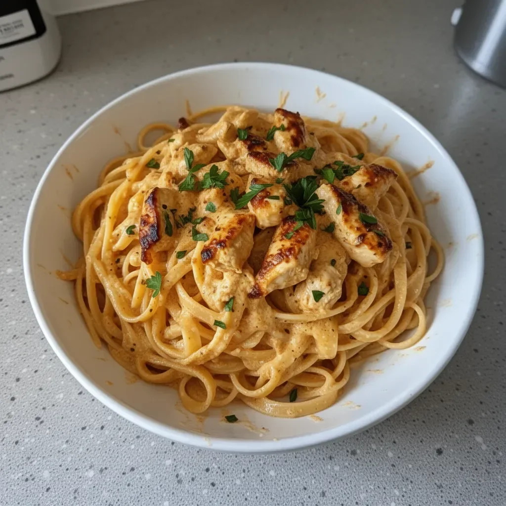 Delicious Cowboy Butter Chicken Linguine served on a plate